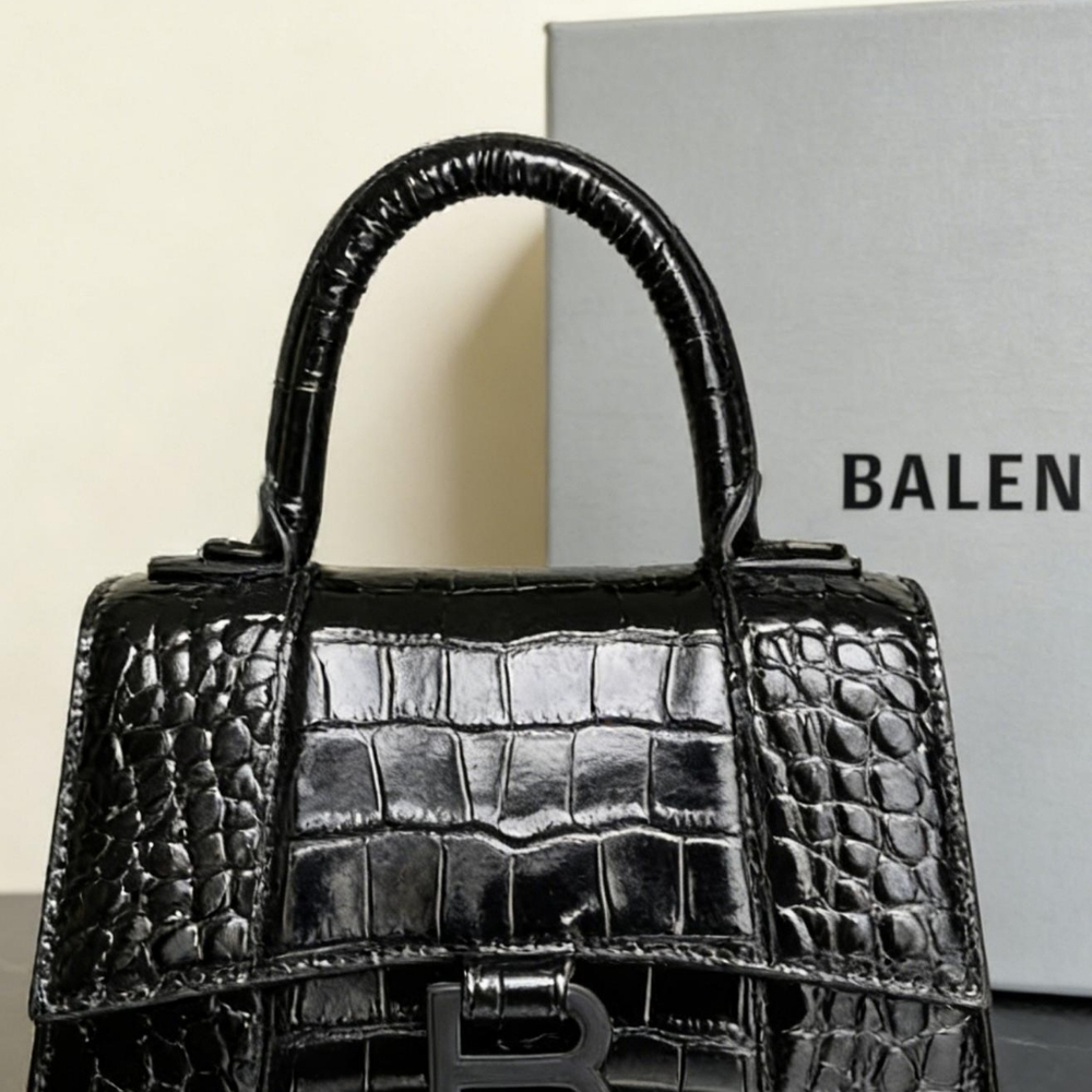 Balenciaga Hourglass XS Black Crocodile Embossed Handbag